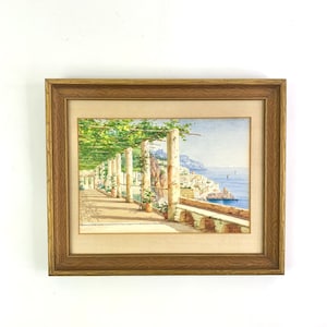 オリジナル額入り水彩画 イタリアのロッジア 地中海 ヨーロッパの海岸風景