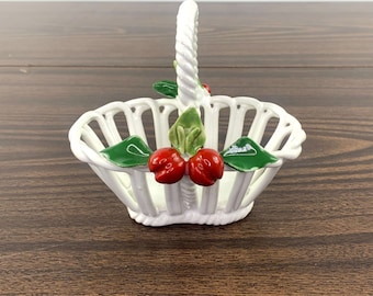 Italian Nuova Capodimonte Open Weave Small Porcelain Basket w Cherries