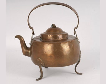 arts and crafts hand hammered copper footed kettle antique