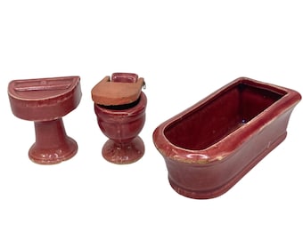 Muebles de baño para casa de muñecas, marcados como extranjeros, bañera de cerámica, lavabo, inodoro.
