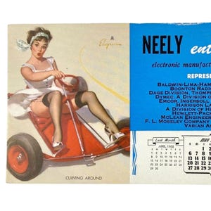 Curving Around Elvgren Pinup Girl Calendar Ink Blotter Ad Card May 1962