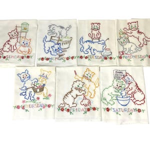 Ponto cruz Gatos Gatinhos dias da semana panos de prato de linho vintage