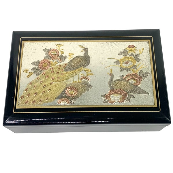 Musical Black Lacquer Enameled Peacock Jewelry Box Memory Cats Song