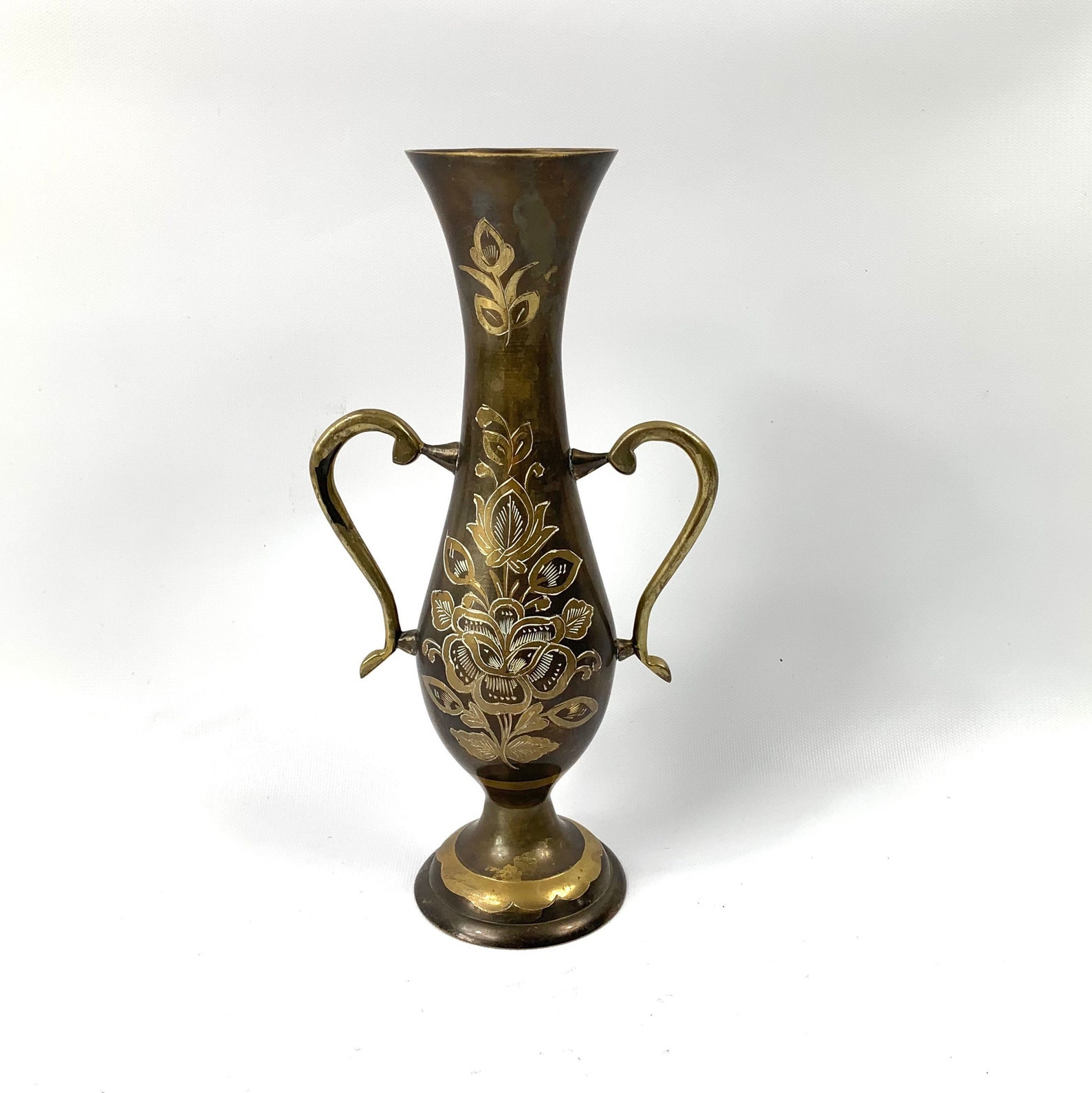 Ornate Inlaid Brass Vase Two Handle Bud Vase Urn Shape Etsy
