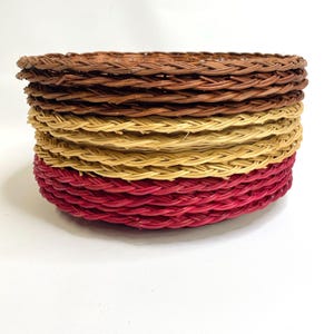 Set of 12 Woven Rattan Paper Plate Holders Brown Red Boho Wicker Flat Basket