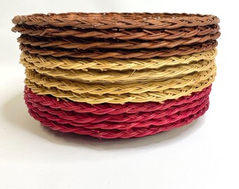 Set of 12 Woven Rattan Paper Plate Holders Brown Red Boho Wicker Flat Basket