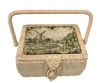 Dutch Windmill Tapestry Sewing Basket w Handle Azar Woven Sewing Box