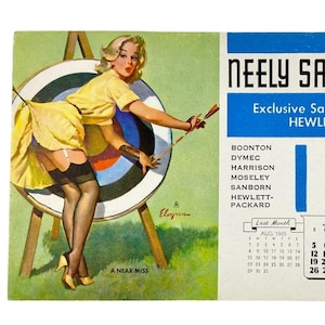 A Near Miss Elvgren Pinup Girl Calendar Ink Blotter Ad Card September 1965
