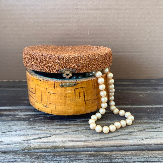 vintage cork jewelry box handmade Portuguese wood hin… Gem