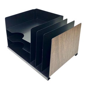 May include: A black metal desk organizer with a wood-grain side panel. The organizer has multiple vertical dividers and a tray for storing documents and office supplies. The base is a silver metal.