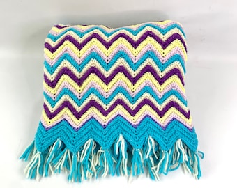 turquoise and purple zig zag hand knit afghan vintage throw 44 x 72