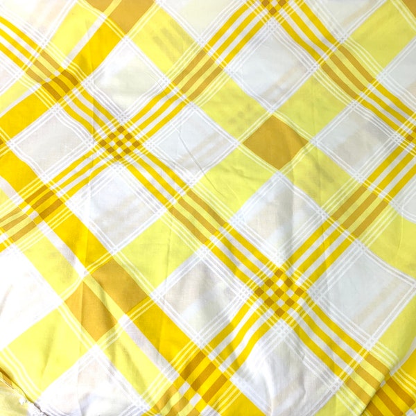 Bright Yellow Plaid Trellis Print Sears Full Fitted Sheet 70s Vtg