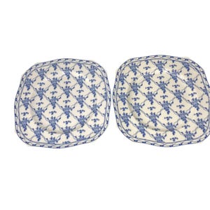 Skye McGhie Rose Brocade Porcelain Square Dinner Plates 10 in Blue White