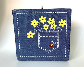 Denim print and daisies box blue jeans 70s to 80s vintage storage