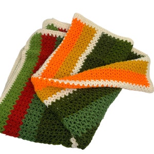 Green Red Orange Afghan Throw Hand Knit Striped Lap Throw Blanket 70s vintage