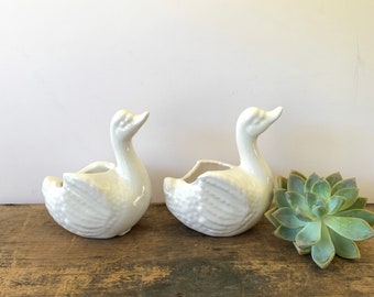 pair white duck swan trinket dish vanity jewelry holders