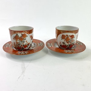 Japanese Sake Cups Signed Antique Kutani Hand-Painted Porcelain Chrysanthemum