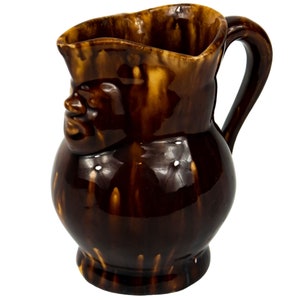 Antique Rockingham Drip Glaze Pitcher 5 inch Figural Toby Jug Brown Yellow
