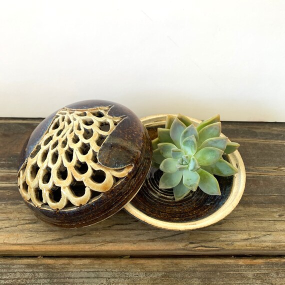 Signed Art Pottery Box With Lid 80s Vintage Round Trinket Etsy
