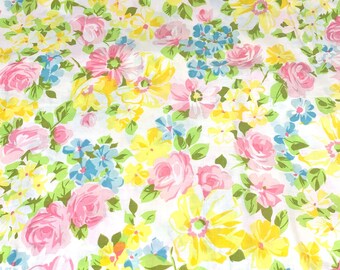 Colorful Floral Vintage Twin Fitted Bed Sheet Mod Flowers Yellow Pink Blue
