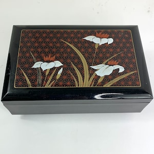 Musical Black Lacquer Floral Jewelry Box Plays Feelings Song