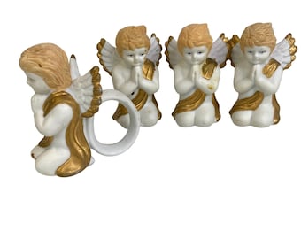 White and Gold Ceramic Cherub Napkin Rings Angel Christmas Holiday
