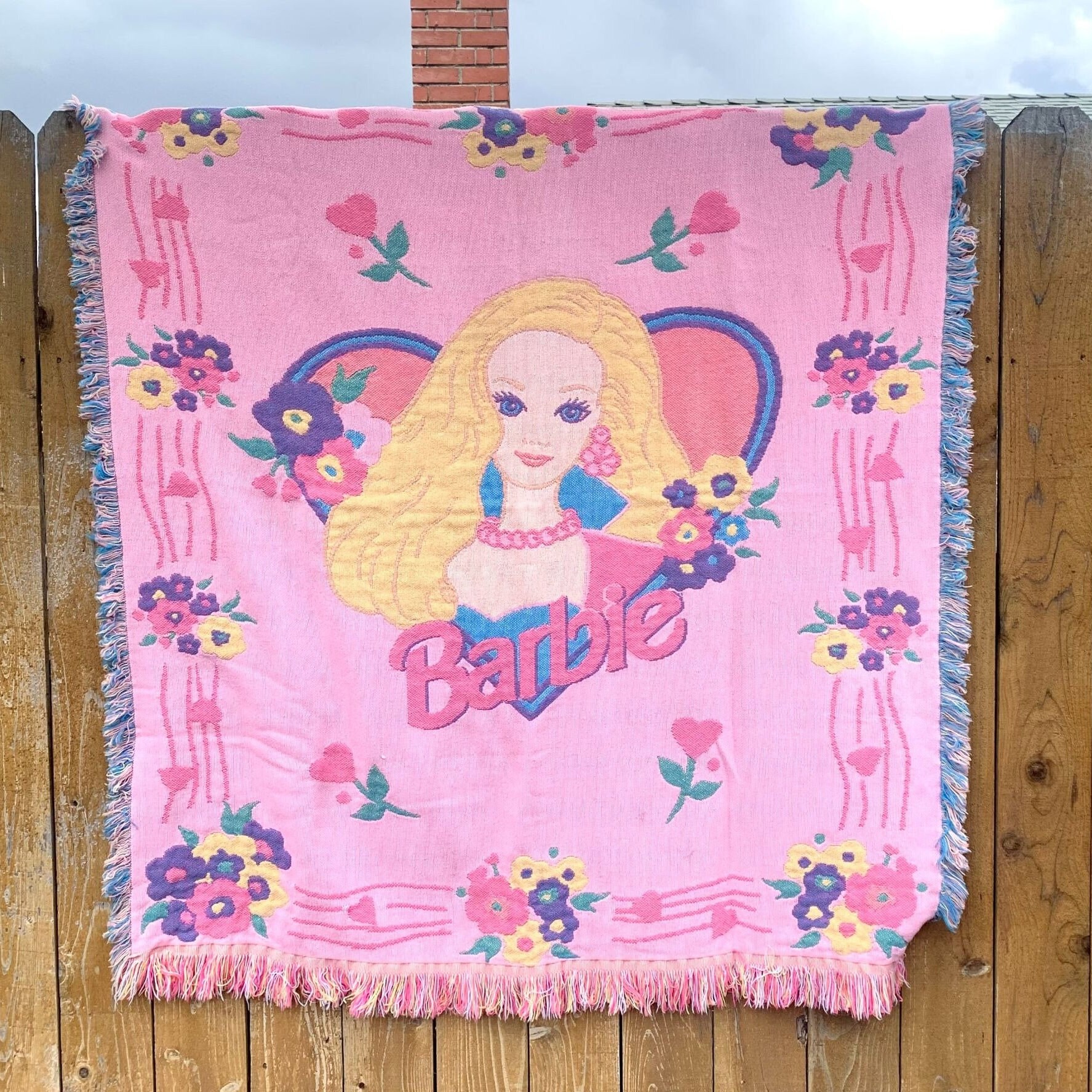 Vintage Barbie Woven Blanket 56x50 Vintage Fringed Children's Room Tapestry  Throw 