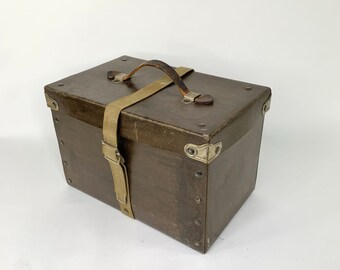 Military Army Surplus Drab Storage Case w Leather Handle 40s Vtg Industrial Box