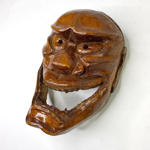 Signed Wooden Open Mouth Large Noh Mask Japanese Vintage Carved Wood Sculpture