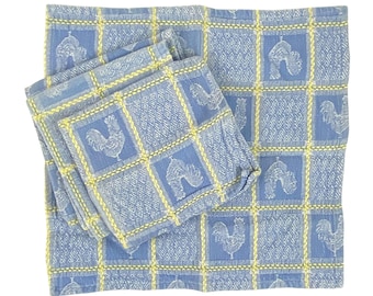 Rooster French Country Napkins Cotton Cloth Set of Four Blue and Yellow
