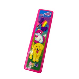 May include: A rectangular Lisa Frank pencil case with a pink border. The case features illustrations of a purple dog with a rainbow, a pink and white cat, and a yellow dog. The words "Lisa Frank" are printed in a cursive font.