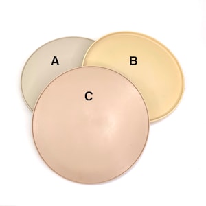 May include: Three round plates in different shades of beige. The plate labelled 'A' is the lightest shade, the plate labelled 'B' is a medium shade, and the plate labelled 'C' is the darkest shade.