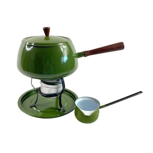 Dark Olive green fondue pot w tea warmer and stand 70s vintage NOS