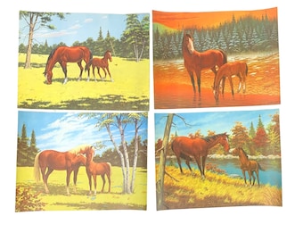Horse and Foal Four Seasons 70s vintage Prints Set 9x12 Kids Wall Art