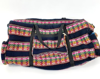 Bolso de lona guatemalteco vintage grande de algodón bordado en forma de barril colorido