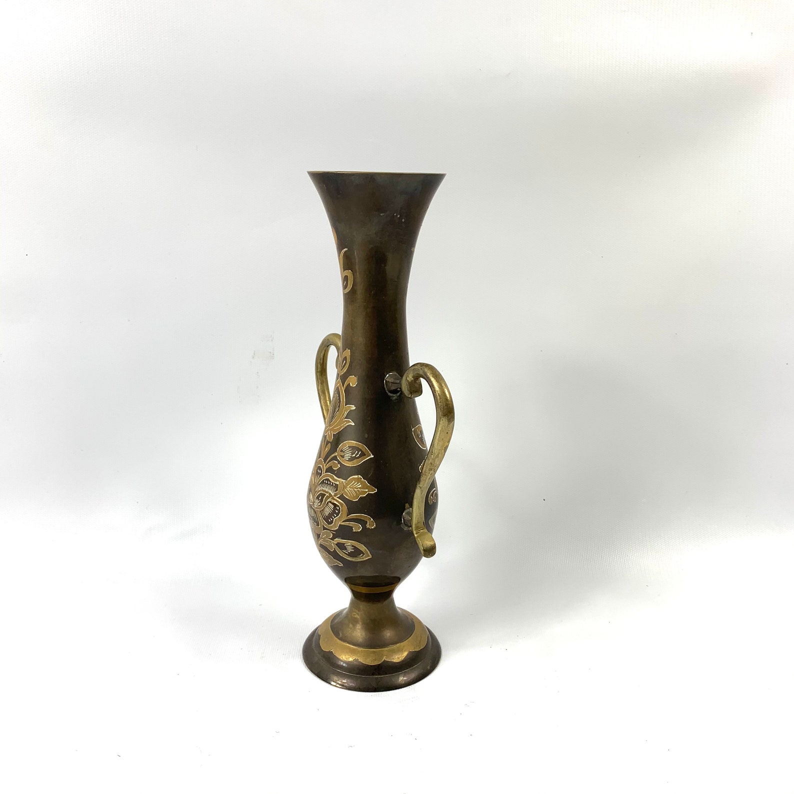 Ornate Inlaid Brass Vase Two Handle Bud Vase Urn Shape Etsy