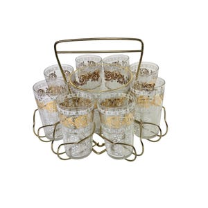 Midcentury Barware Set w Caddy Hollywood Regency Ice Bucket and 8 Glasses