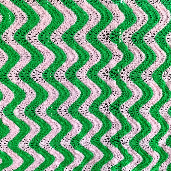 Pink and Green Chevron Stripe Afghan Throw Hand Knit Blanket