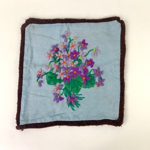 Embroidered Purple violets square accent pillow cover on blue linen crewel work