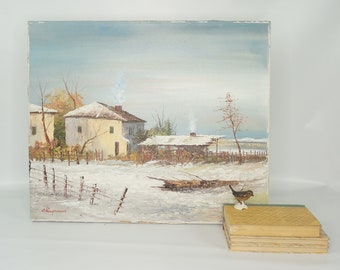 farmhouse in the snow original oil painting signed Chapman winter landscape