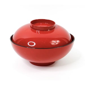 Midcentury Japanese Lacquer Ware Noodle Rice Serving Bowl w Lid Rust Red