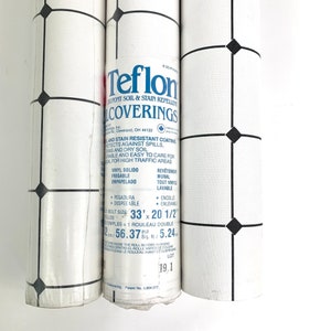 May include: Three rolls of white vinyl floor covering with a black diamond pattern. The rolls are labelled "Teflon Dupont Soil & Stain Repellent Coverings". The label also includes information about the product's features, such as being stain resistant, easy to clean, and suitable for high traffic areas. The roll size is 33 inches by 20 1/2 inches.