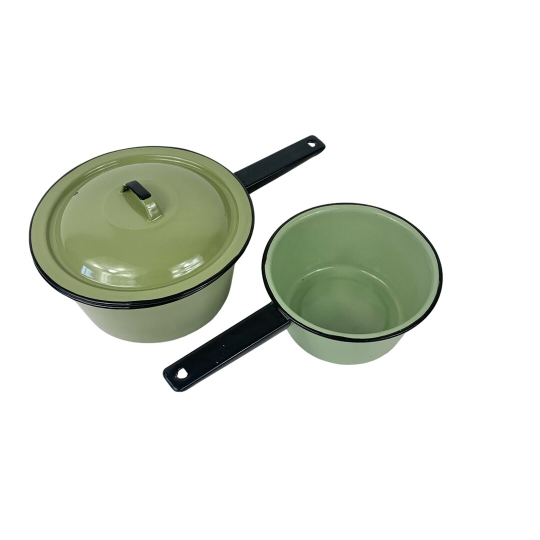 Olive Green and Black Enamelware Saucepans With Lid Vintage Kitchen