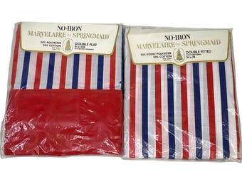 Juego de sábanas dobles Marvelaire Springmaid, planas, ajustables, a rayas rojas, blancas y azules. ¡Hurra!