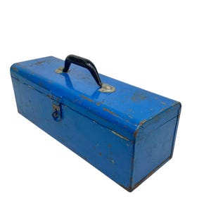 Chippy Blue Metal Tool Box 60s vintage Handyman Carpenter storage toolbox