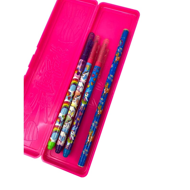 May include: A bright pink pencil case with a hinged lid, open to reveal four pens. The pens have colorful designs featuring unicorns, rainbows, and other whimsical elements. The pens are blue, purple, and red.