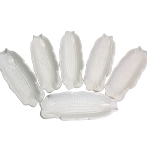 Large White corn on the cob holder dishes vintage set of 6