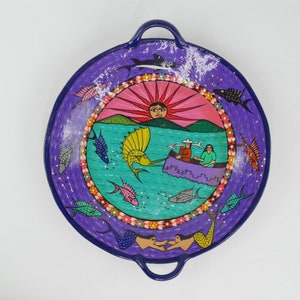 Large Hand painted Mexican Terra Cotta Platter Bright Talavera Signed Original Art