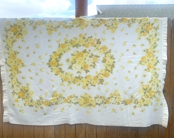 Yellow Roses 70s Vintage Soft fleece Twin blanket Floral print Satin Binding