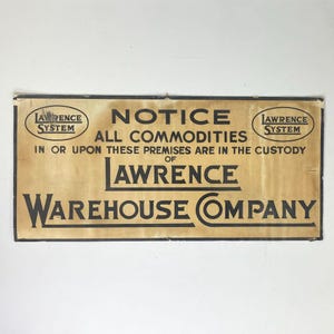 Letrero de cartón vintage para publicidad industrial de Lawrence Warehouse Co.